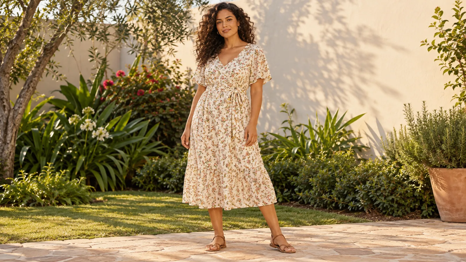 Mulher de vestido midi floral com amarração na cintura