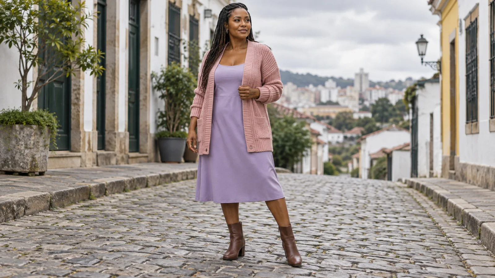 Mulher de cardigã de tricô rosado sobre vestido lilás