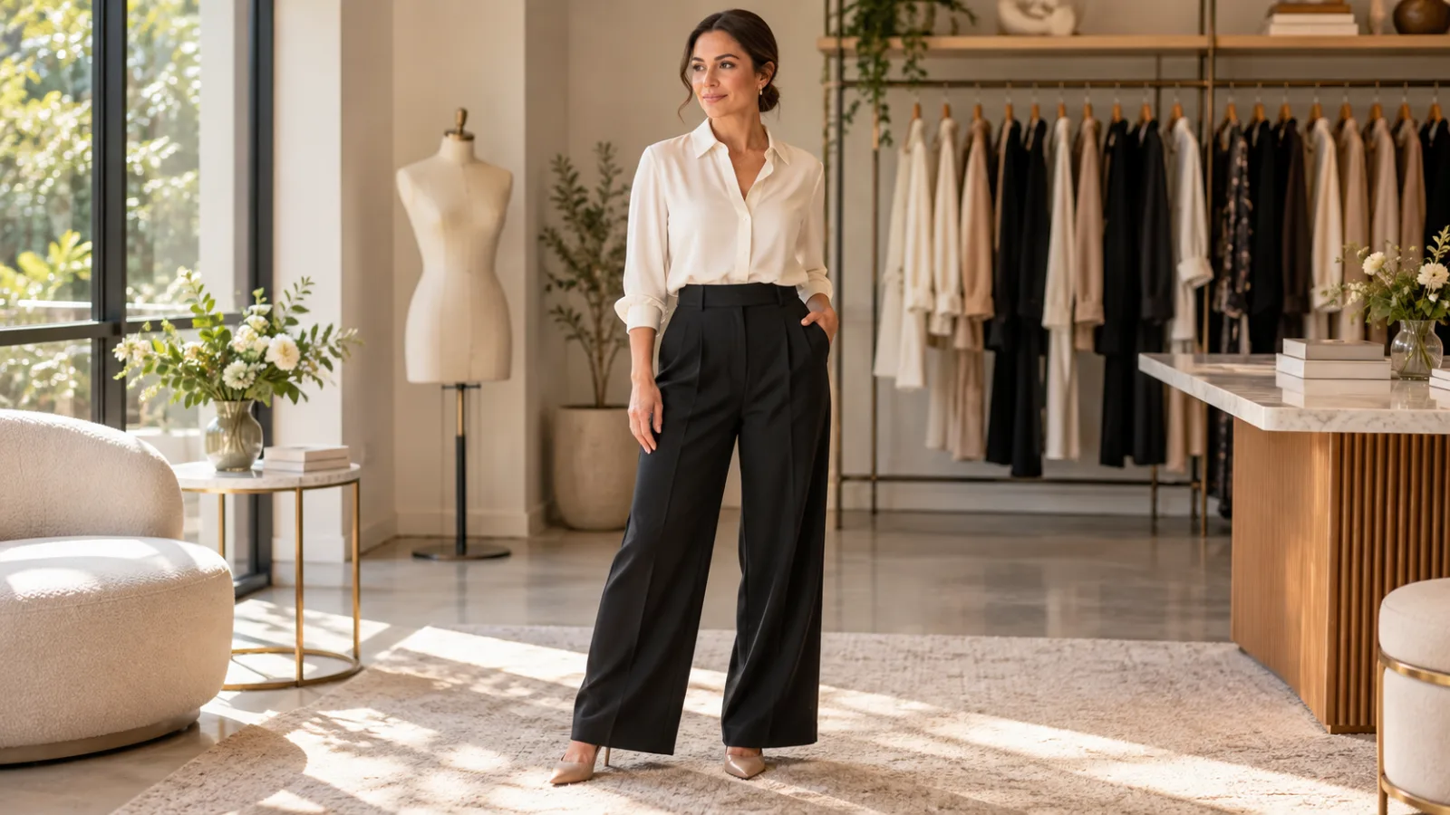 Mulher de camisa off-white e calça pantalona preta