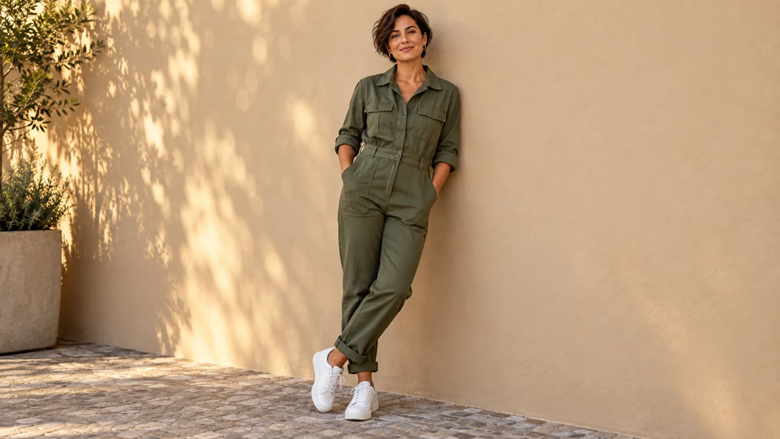 Mulher de macacão de sarja verde-oliva e tênis