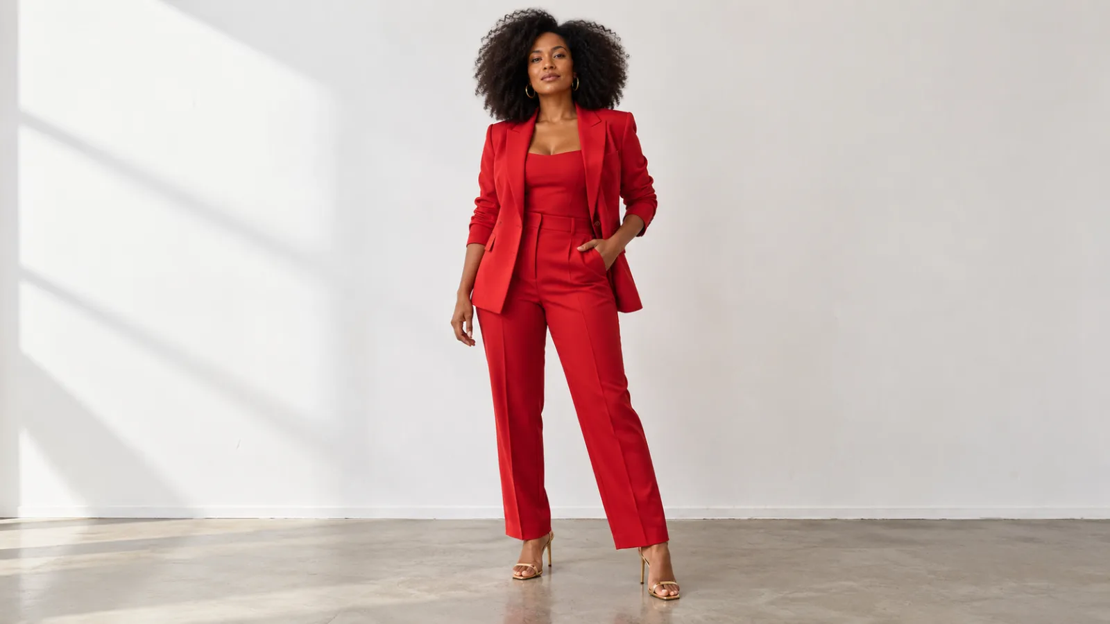 Mulher de conjunto de alfaiataria vermelho