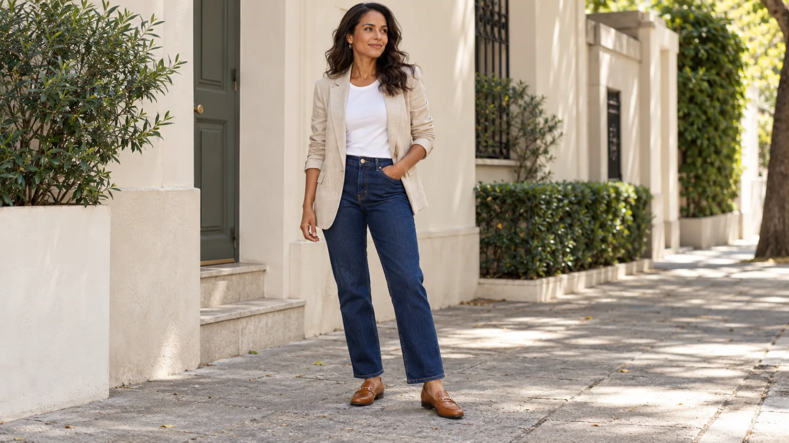 Mulher de blazer bege, camiseta branca e jeans