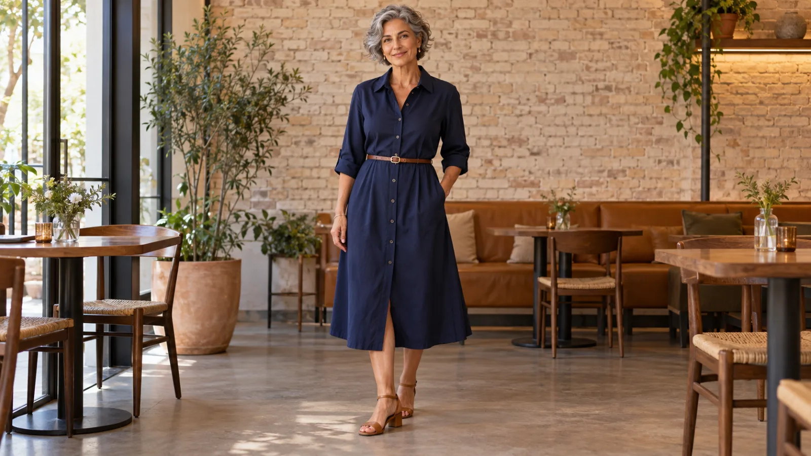 Mulher de vestido chemise azul-marinho com cinto