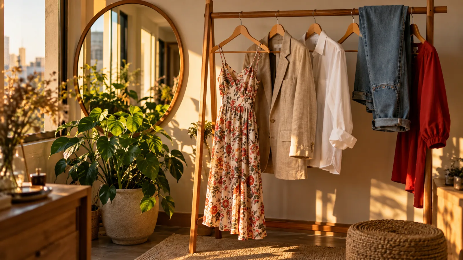 Arara do Ateliê da Cida com vestidos, blazer e jeans pendurados