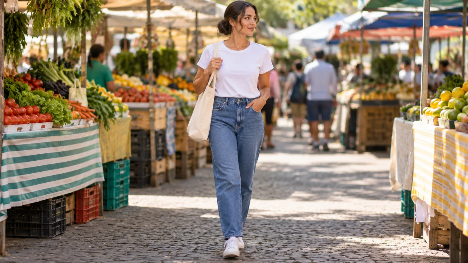 Mulher de jeans reto, camiseta branca e tênis